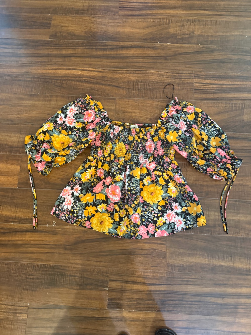 Floral Off-Shoulder Smocked Peasant Top - Black with Yellow & Pink Flowers
